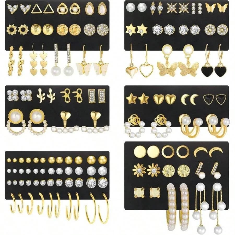 84 Pairs Gold Stud Earrings Set Women Multipack, Fashion Pearl Cubic Zirconia Earrings Packs Piercings, Hypoallergenic Stud Hoo