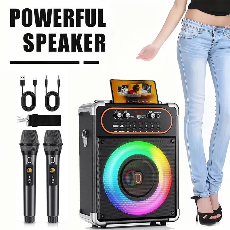 Altoparlante karaoke di grandi dimensioni Jyx, altoparlante Bluetooth con microfono, altoparlante wireless portatile con 2 microfoni wireless, illuminazione ambientale RGB, supporta USB/BT/scheda TF/AUX, adatto per feste in casa e all'aperto, nero, adatto per feste, garage