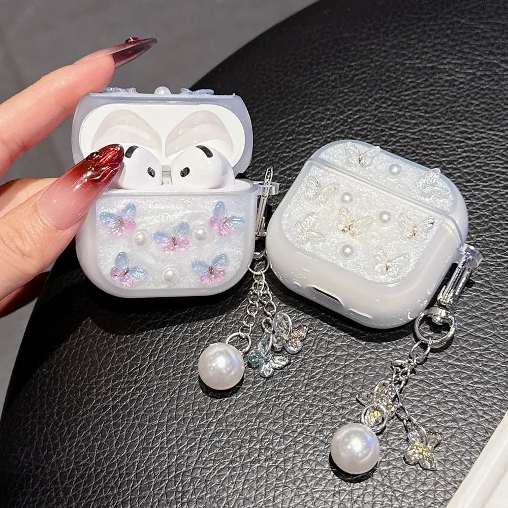 Soft TPU earphone case with glitter Bling with keychain for Airpods Pro 2 generation Air Pods 4 2024 3 2 1 3rd generation 3D Butterfly Cover