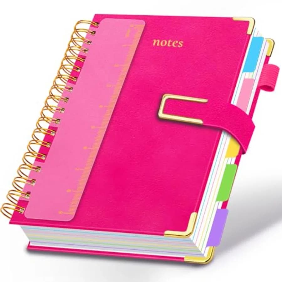 Hardcover Spiral Notebook College Ruled, 8"x10" Leather Journal Notebook with Magnetic Closure, 300 Pages 5 Subject Notebook wi