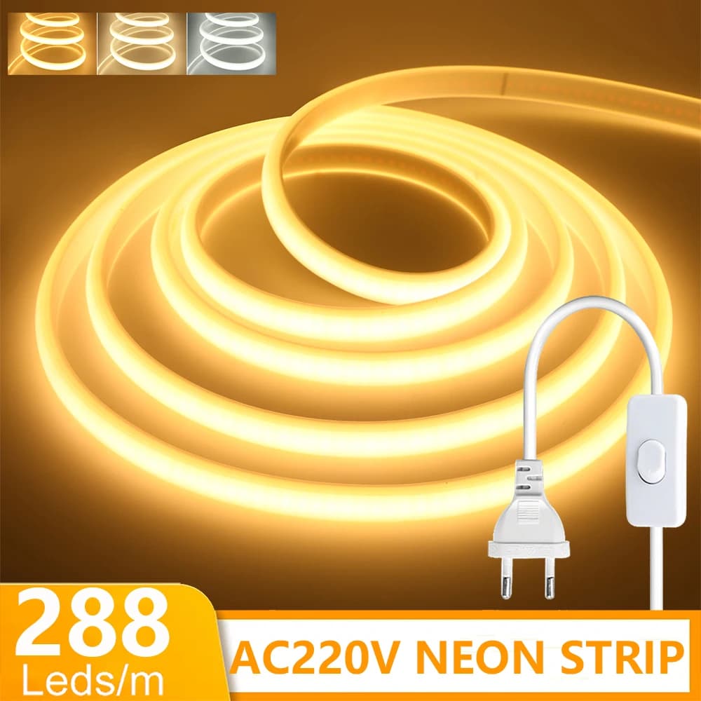 LED Strip COB 220V with ON/OFF Switch EU 288 LED/M High Brightness Flexible Neon Tube Lamp Waterproof White Hot/Natural