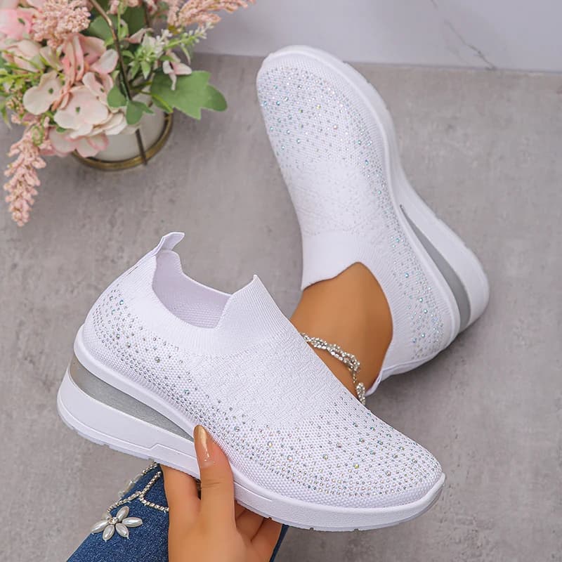Gymnastics shoes with wedge with Rhinestone Decorations for Women Running Shoes Anti-slip knitted breathable Sport Shoes White Comfortable Women's