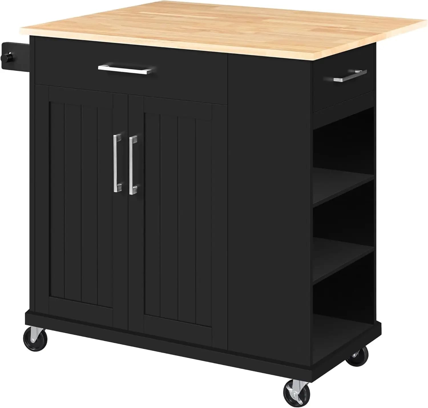 Carrello con isola da cucina con ribaltamento, barra colazione portatile con armadietto portaoggetti, ripiani aperti e portasciugamani