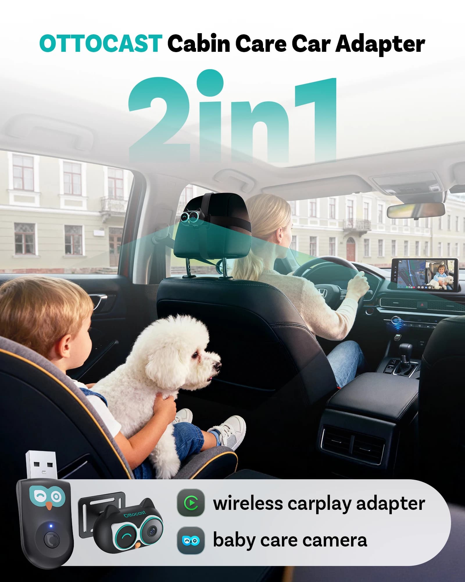 Adattatore Wireless CarPlay Ottocast Cabin Care con Telecamera per Auto per Bambini 150 ° Visione Notturna Grandangolare per Auto con CarPlay Cablato