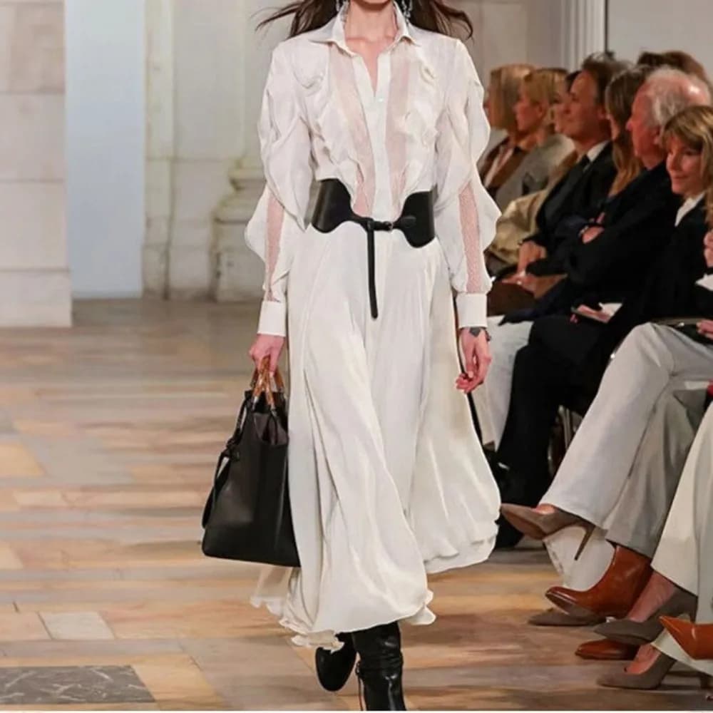 Solid Layered Ruffle Mesh Design Shirt Dress Lapel Long Sleeve High Waist Spliced Belt A-Line Casual Dress Female Fashion 2026