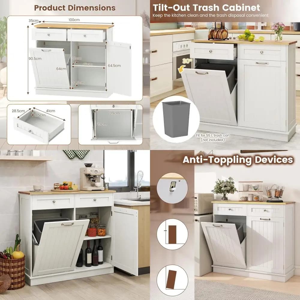 Adjustable Shelved Sideboard with Pet Proof Recycling Bin and White Laundry Hamper Cabinet