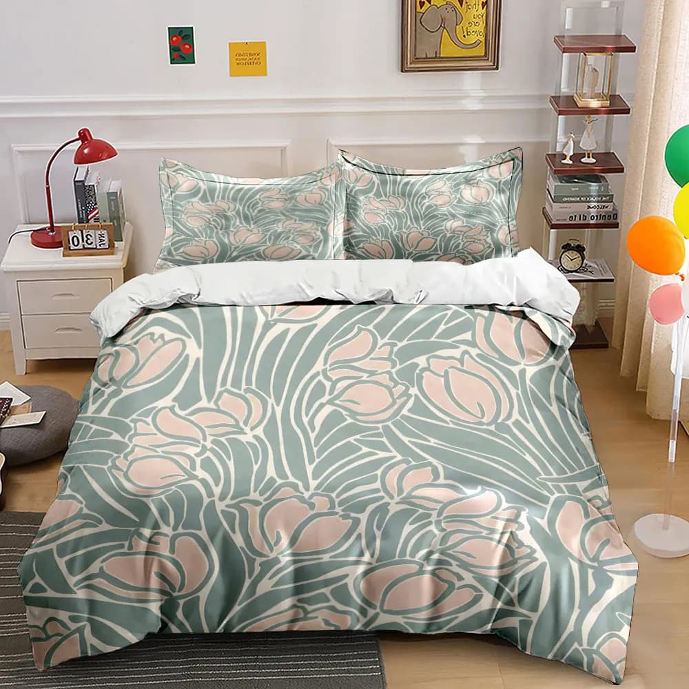 Set di biancheria da letto con stampa floreale a tulipani morbidi, 1 copripiumino, 2 federe per adulti e bambini, regalo di lusso, misura completa