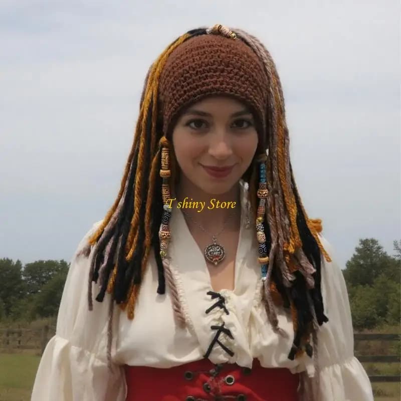 N58F Knitted Halloween Pirate Hat with Fake Dreads and Bandana Pirate Role Play Hairpiece for Adults Kids Dressing Up Party