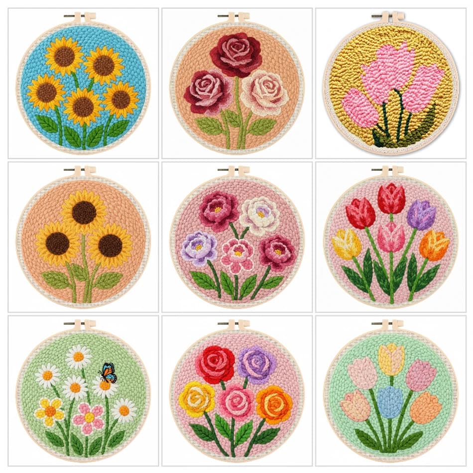 Punch Needle Embroidery Starter Kit Punch Needle Kits Flower Pattern Embroidery Pen For Adults Beginner Home Decor Diy Gift