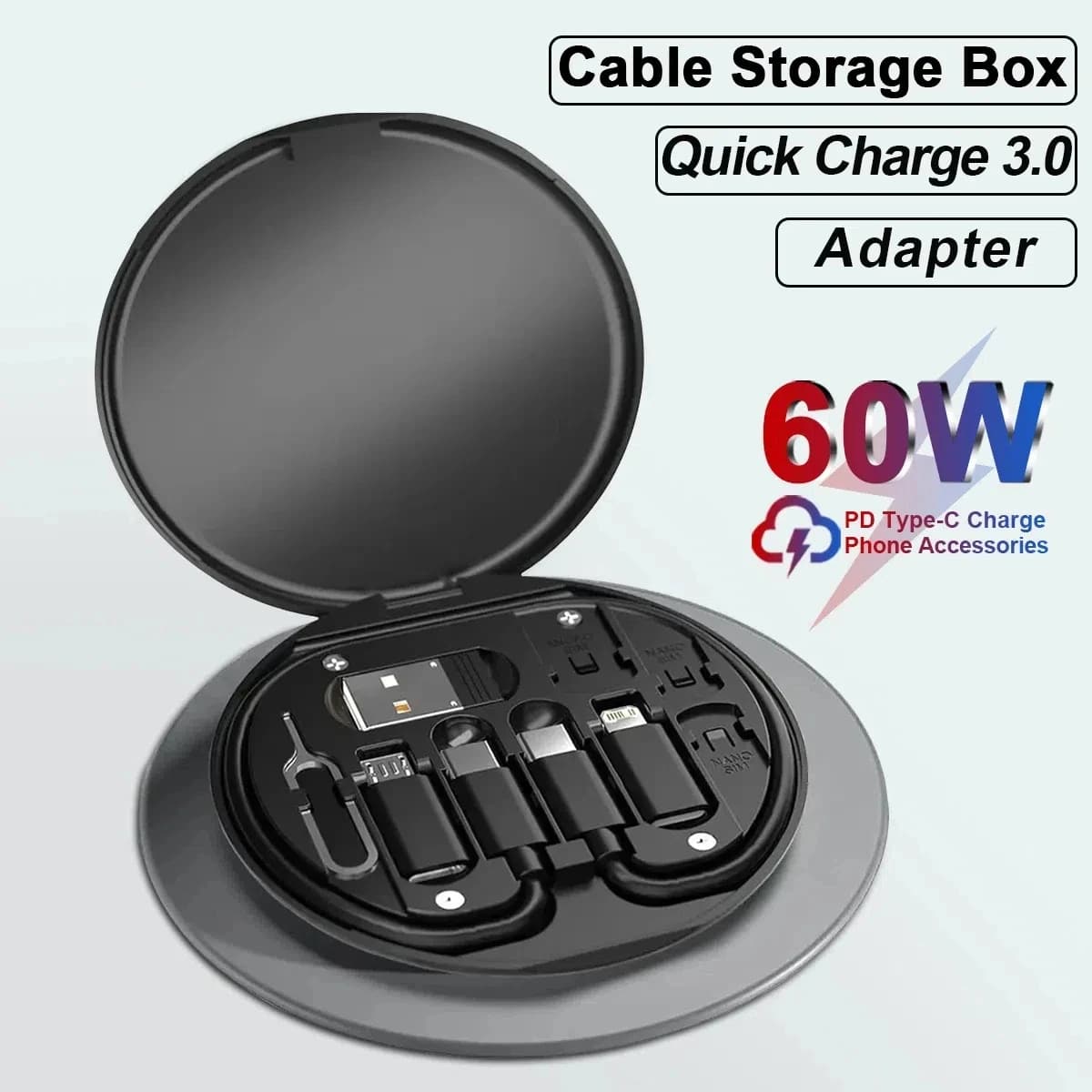 Set Cavo Dati USB Type-C Multifunzione PD 60W Ricarica Rapida per iPhone Xiaomi con Scatola di Archiviazione Caricabatterie, Adattatore, Scheda SIM e Scatola da Viaggio