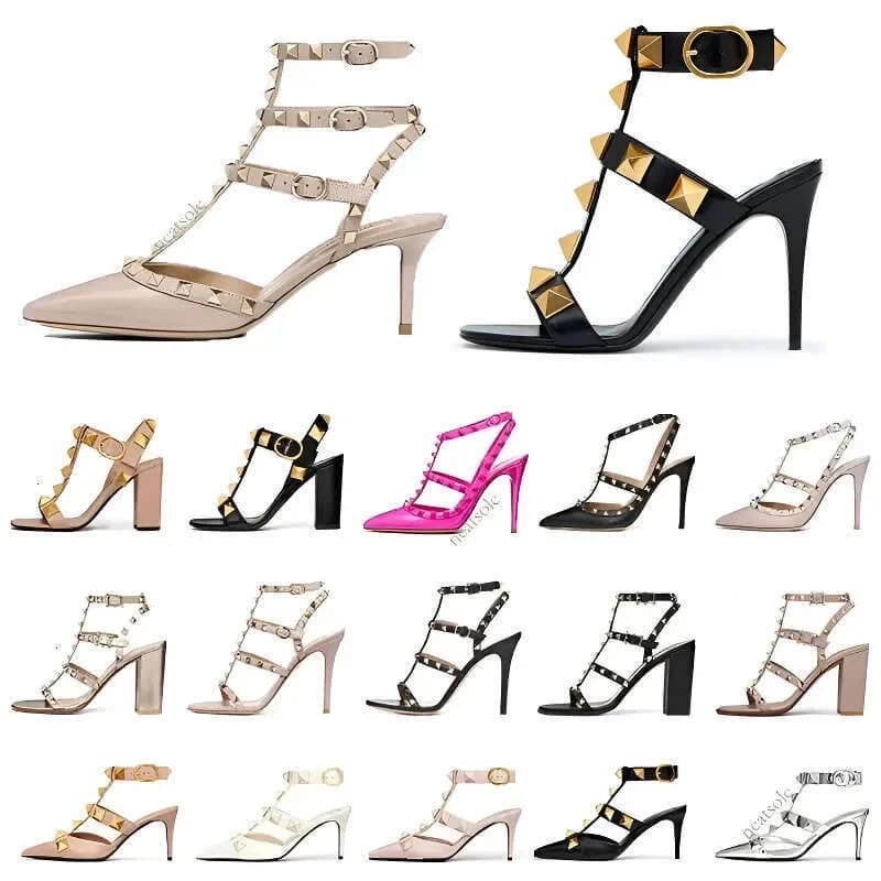 Sandali di design con tacco alto e borchie romane, tacchi a spillo con punta scoperta, scarpe eleganti a punta, mocassini da ufficio, sandali romani.