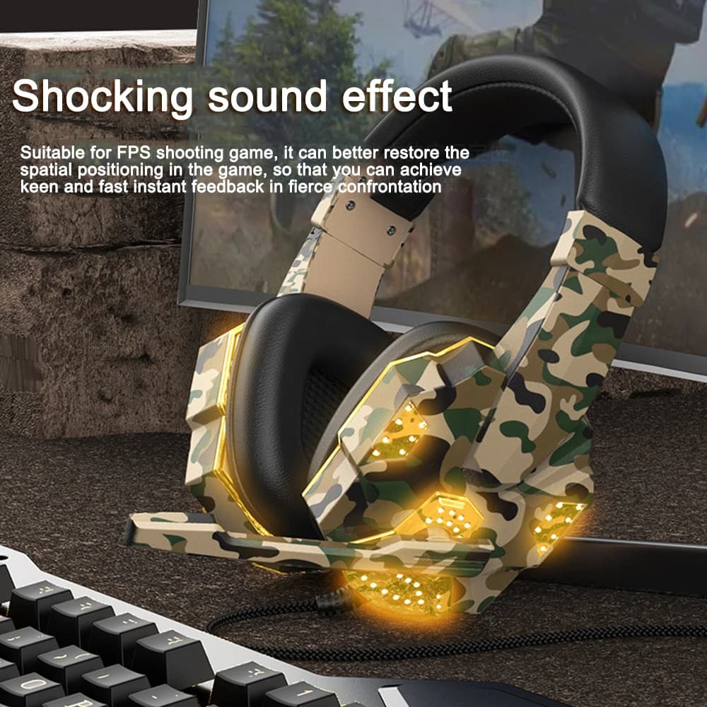 PS4 Camouflage casque Wired PC Gamer Headphones Stereo with Microphone LED Lights for Switch/Xbox One S/Xbox One X