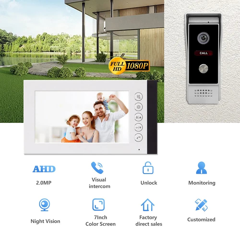Schermo IPS da 7 pollici 2MP 1080P Videocitofono cablato Sistema citofonico Telecamera visiva per porta Campanello Spioncino