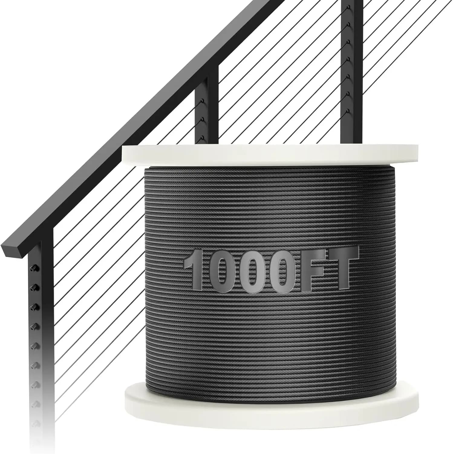 1000FT 1/8" Black Stainless Steel Cable, T316 Marine Grade, Stainless Steel Wire Rope 7x7 Strand Construction, 1850lbs Breaking