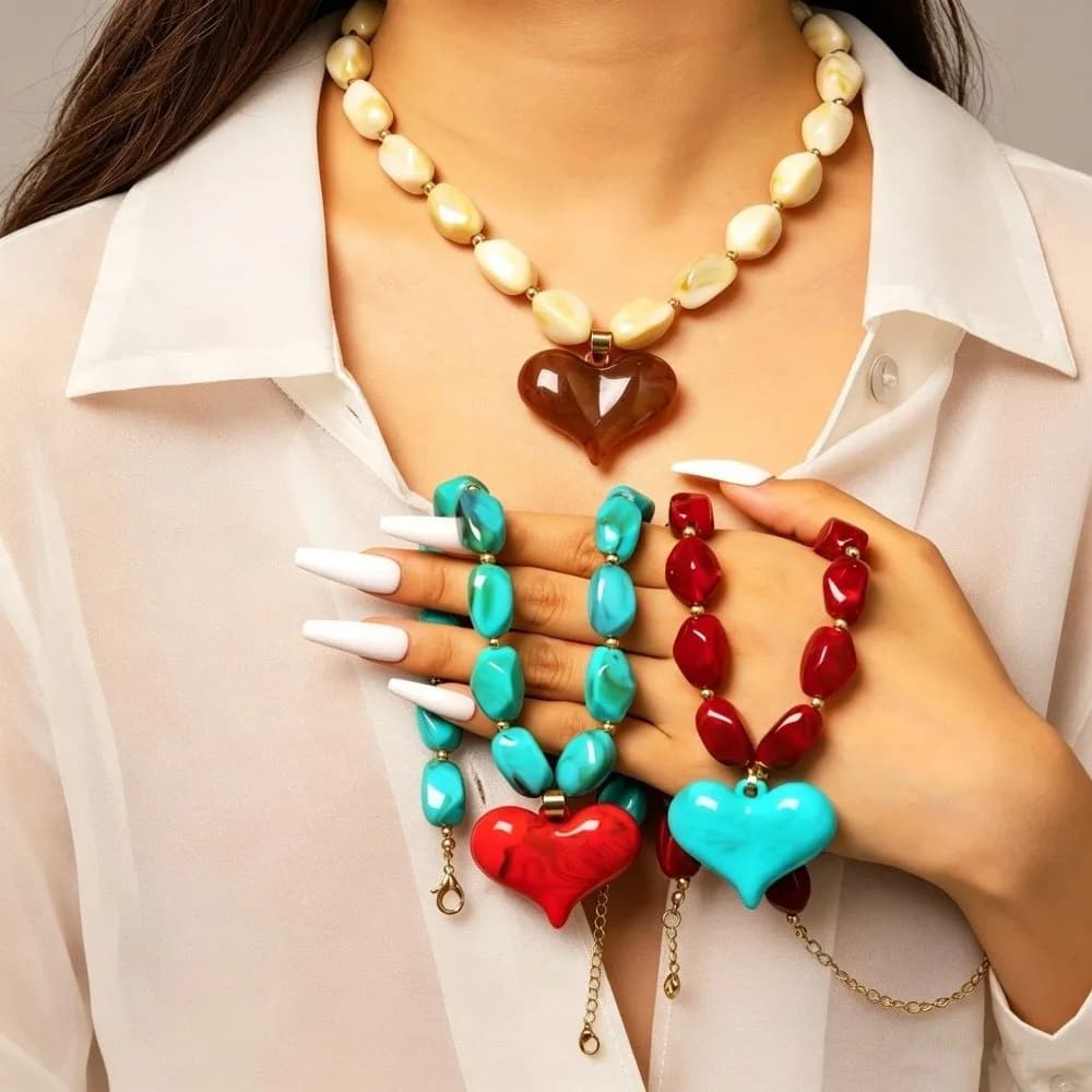 Resin Heart Pendant Necklace Multi-Color Colorful Bead Choker Irregular Versatile Statement Jewelry Party Accessories