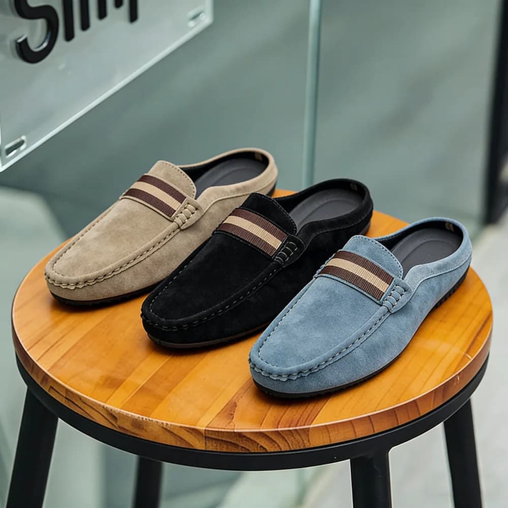 Summer New Shoes for Men Suede Leather Slippers Street Casual Slides Soft Flat Slip-on Loafers