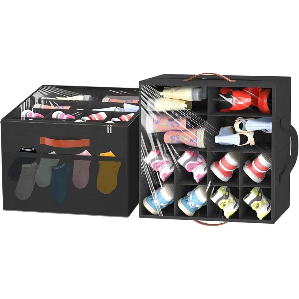 Pack of 2 organizers for shoes or for wardrobe, folding container for shoes with transparent cover and 4 reinforced handles, shoe storage