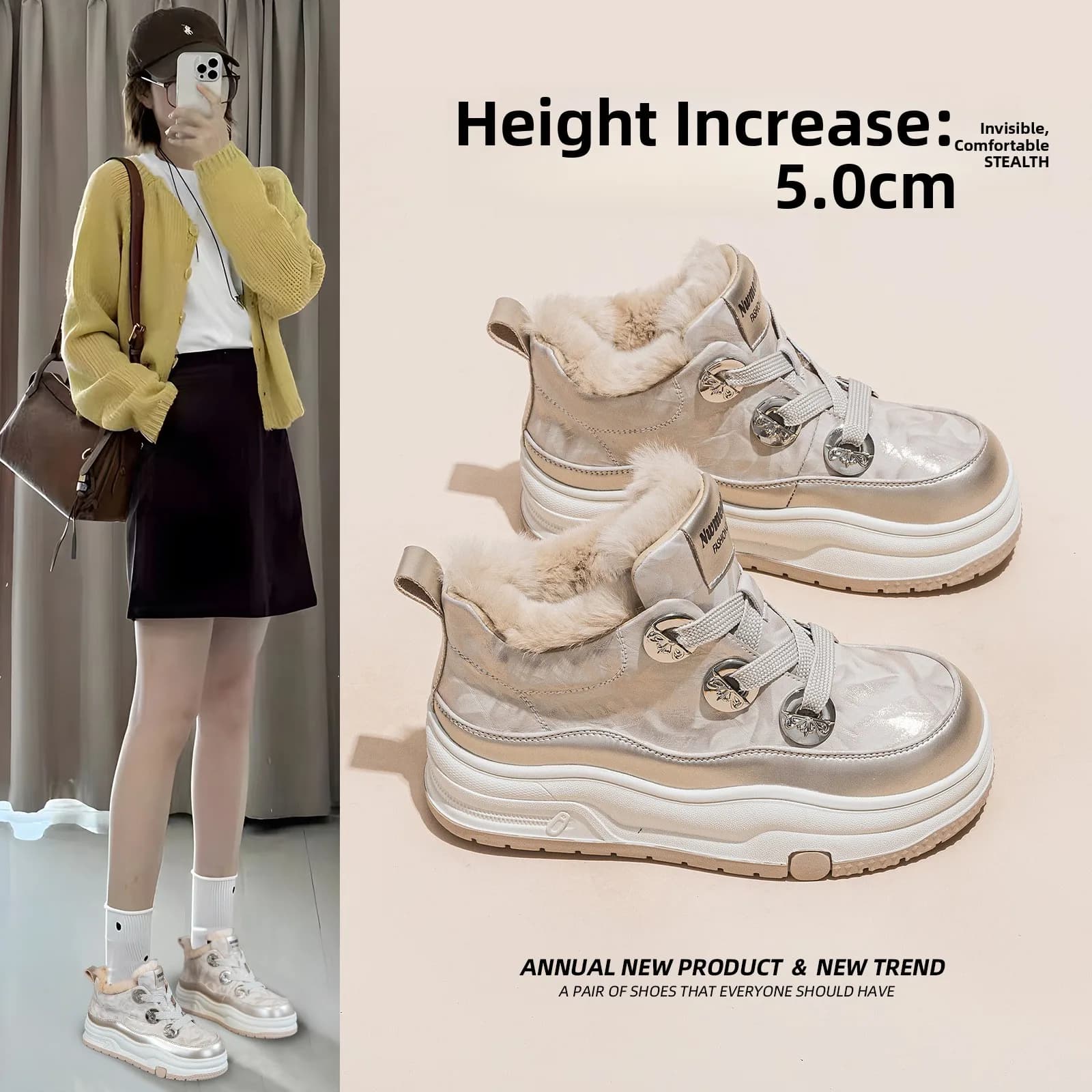 Women's Winter Snow Boots 2025 New Style Thick Bottom Heightening Fleece Lined Real Fur Short Tube Korean Version White Shoes