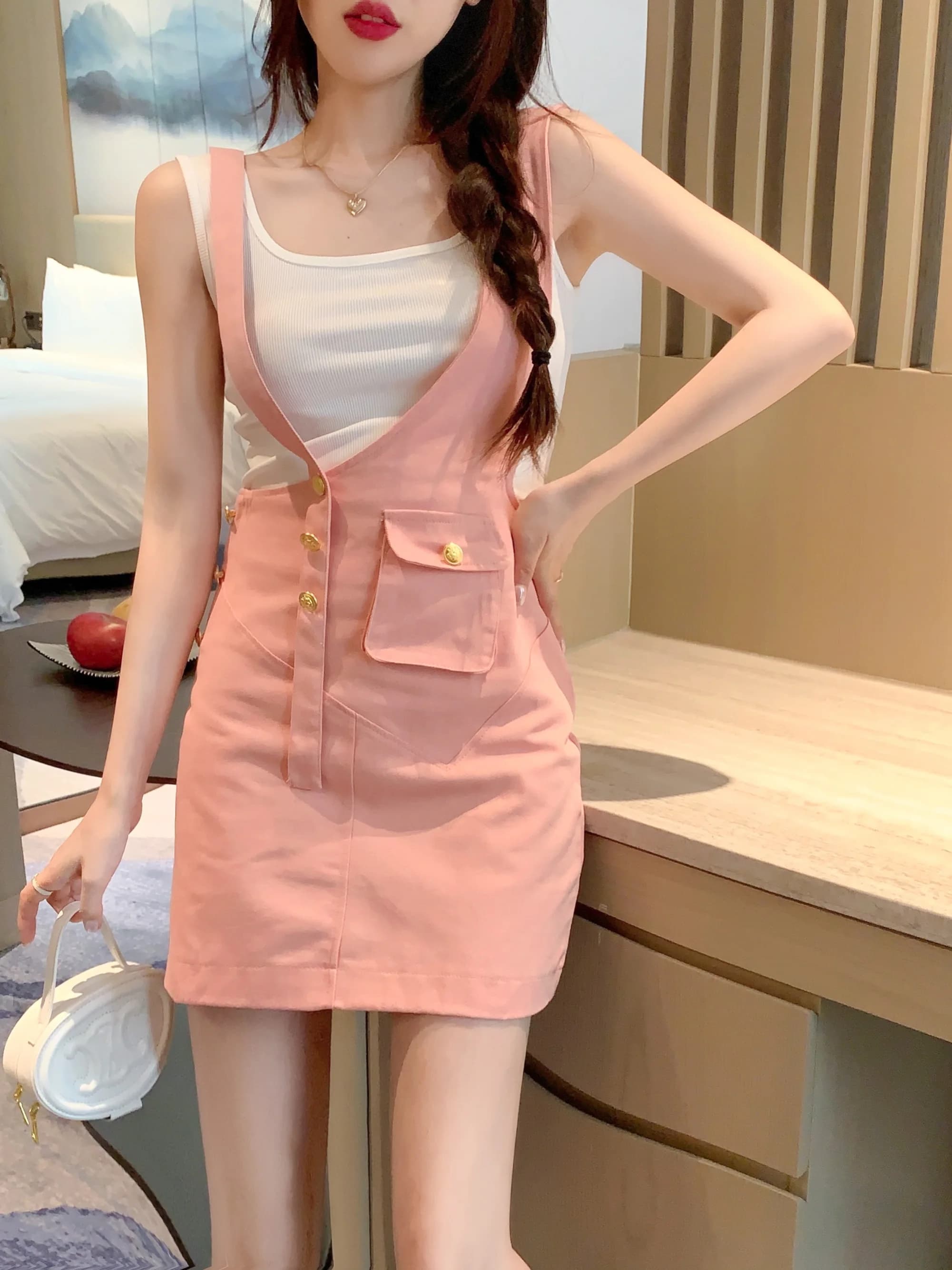 Fashionable Pure Color Denim Halter Vest Slim Fit Women's Summer Set Casual Style High Waist Shorts round Neckline No Sleeve