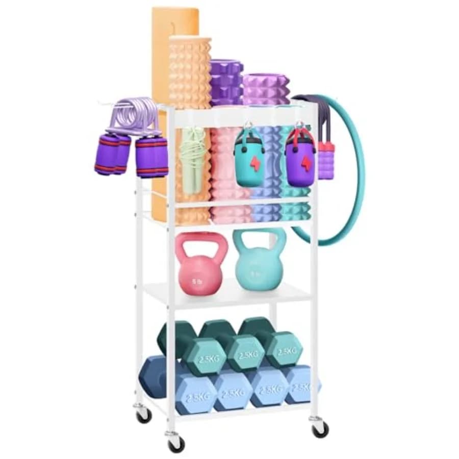 Rack portaoggetti per palestra domestica, porta tappetini yoga resistente, organizer per attrezzature da allenamento, porta pesi con ganci e ruote per manubri