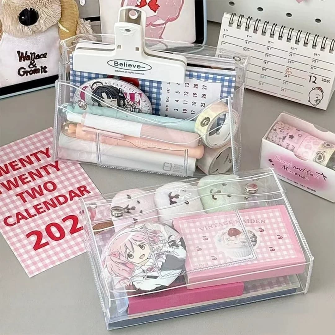 Astuccio Trasparente in PVC a 4 Strati con Bottone a Pressione, Borsa Portapenne Impermeabile, Organizer per Cancelleria, per Studenti, Scuola, Ufficio, Esami