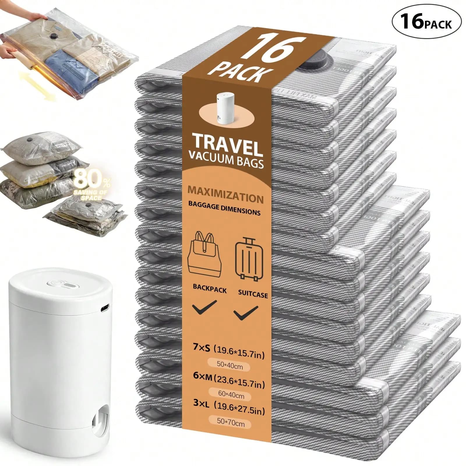 16pcs Vacuum Bags For Travel With Rechargeable Air Pump,Reusable For Clothes, Comforters, Blankets, Pillow, Bedding, Sealer Clothing Storage,Travel Accessories,Travel Essential