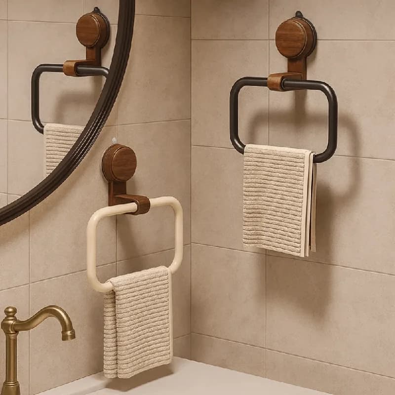 Towel ring in Walnut with suction cup, Towel rack Rolling from Wall Without Drilling for Bathroom, Towel bar in Anti-rust wood