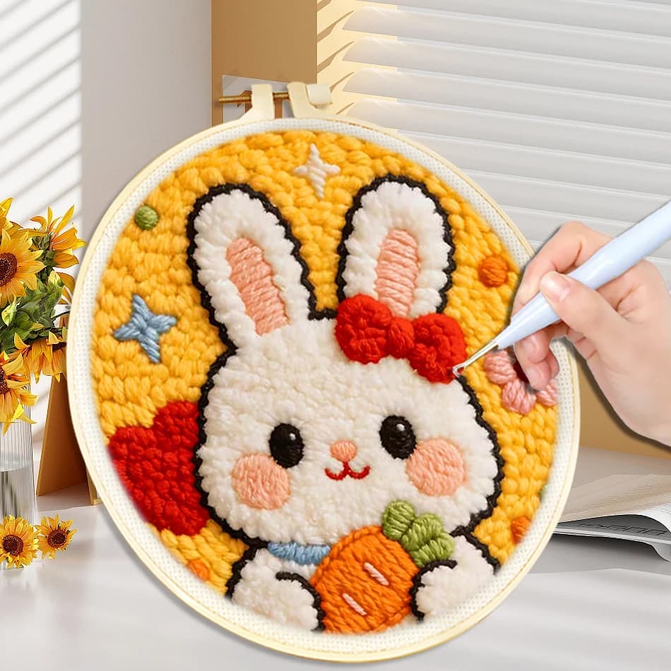 Cute Bunny Punch Needle Kit for Adult Beginner Punch Needle Starter Set Needle Sewing with Embroidery Frame Fun DIY Craft