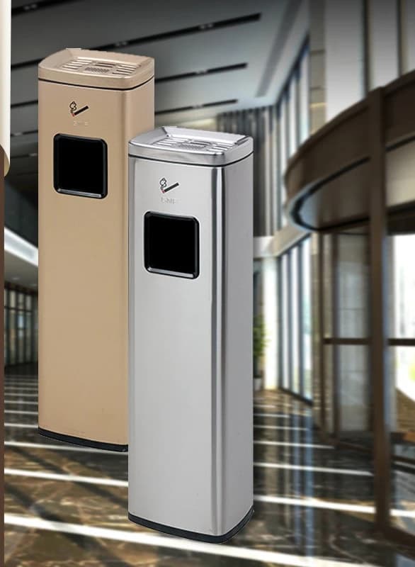Hotel lobby stainless steel vertical cigarette butt column, smoking area indoor with ashtray and outdoor trash can