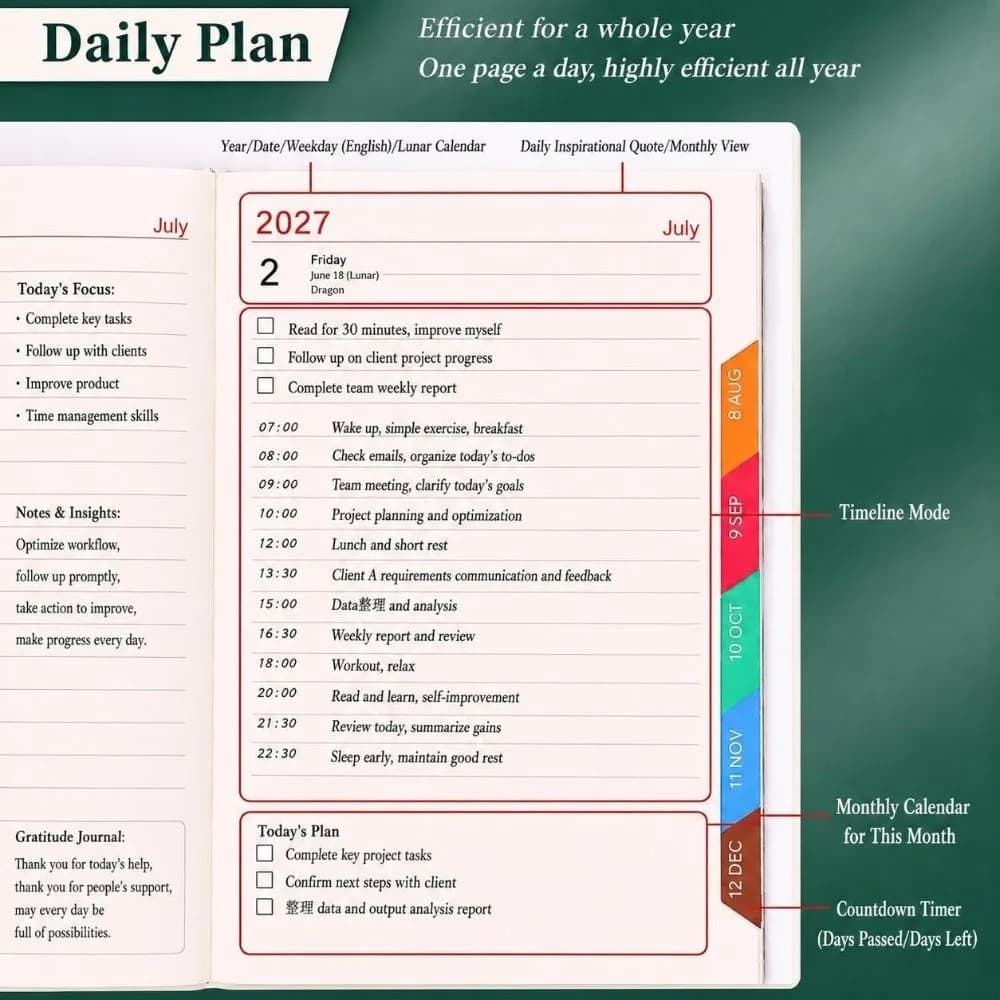 PU Leather 2027 Schedule Book Colorful Inner Page with Calendar To Do List Notepad A5 Daily Planner Notebook for Student Gift