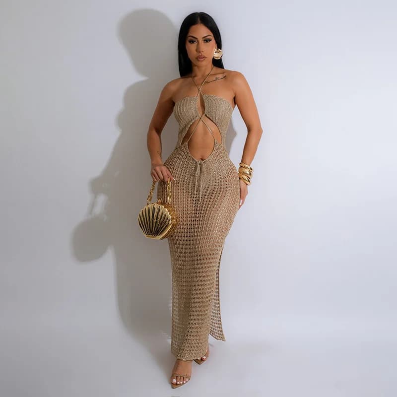 Sexy halter beach cover up sarong, costume da bagno summer bikini cover-up, see through Sheer Crochet Swimwear Knit Long Dress Clubwear