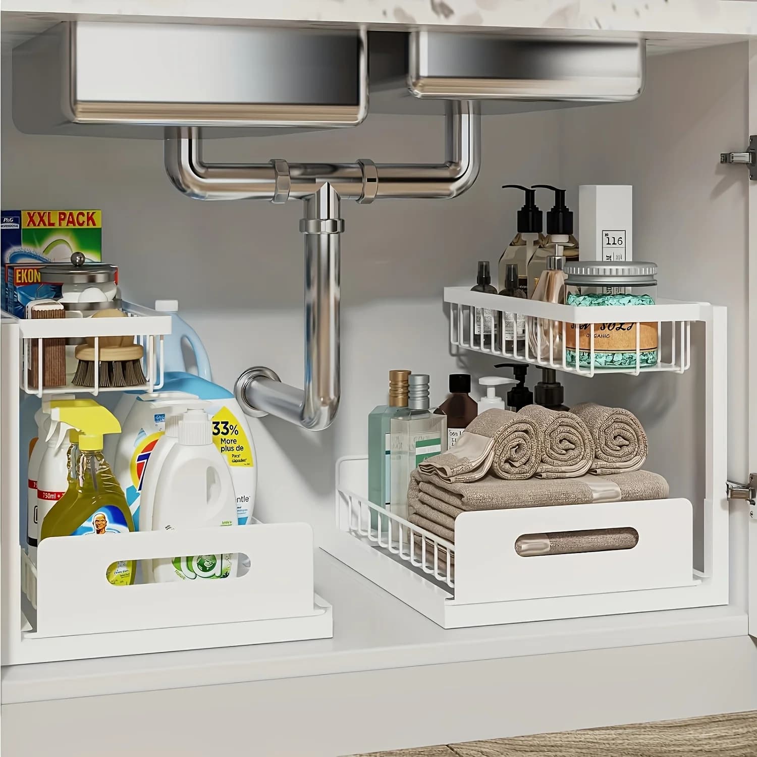 Pull-Out Under Sink Organizer, 2-Tier Sliding Rack for Cabinet Storage, Kitchen & Bathroom Desk Tidy