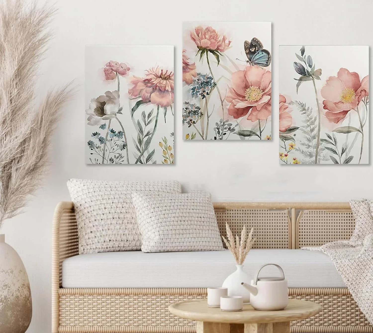 3PCS Framed Pink Watercolor Floral Canvas Wall Art, Wildflower Butterfly Prints for Living Room