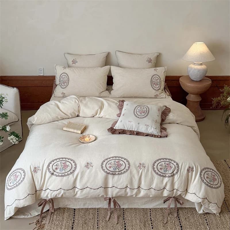 Natural Cotton Linen Blend Bedding Set Vintage Oval Rose Floral Embroidery Duvet Cover Bed Sheet/Fitted Sheet Pillowcases 4Pcs