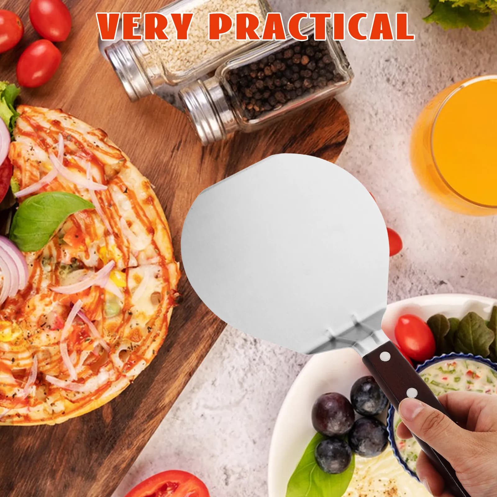 Grande Spatola per Pizza in Acciaio Inossidabile con Manico in Legno, Sollevatore per Torte, Utensile da Forno, Paletta da Cucina, Pala per Pizza Forata per Uso Domestico
