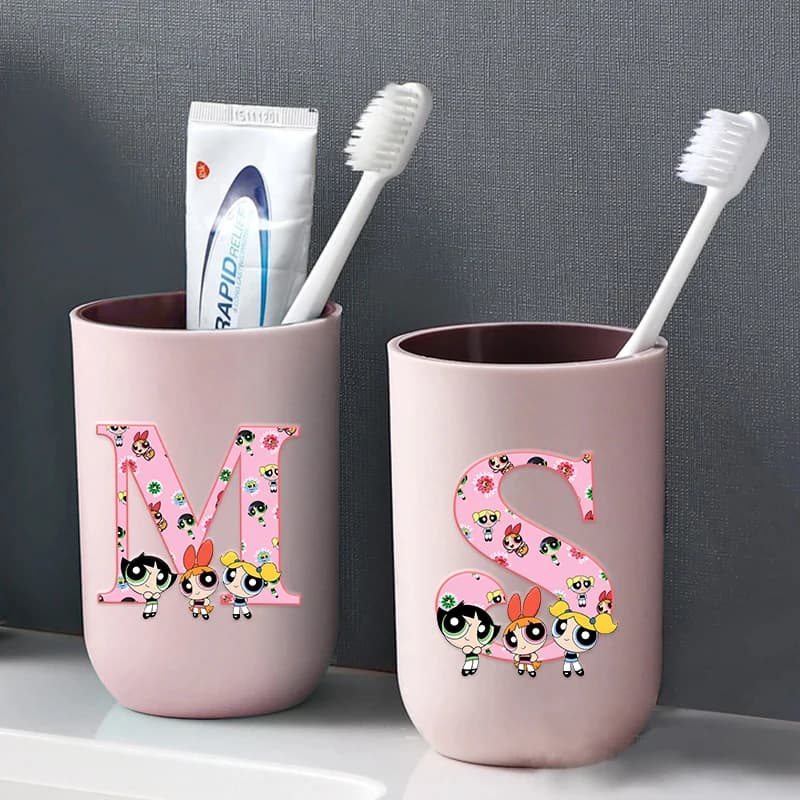 Portaspazzolino Powerpuff Girls con Lettere A-Z, Tazza per Risciacquo Bocca Buttercup Bubbles Blossom, Bicchiere Cartoon per Acqua, Portaspazzolino da Bagno ​