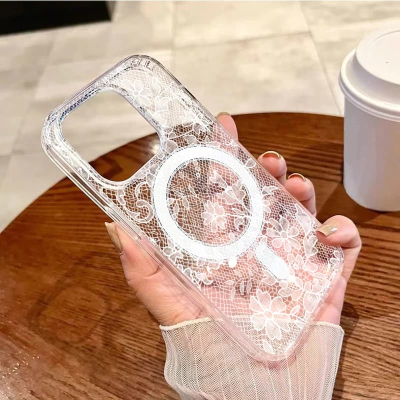 Custodia magnetica per telefono con motivo floreale in pizzo bianco romantico per iPhone 17 Pro 16 15 14 13 12 11 Pro Max 7 8 Plus 16E Air Clear Cover