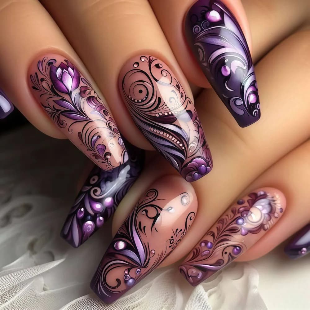 Medium length fake nails for women and girls, purple and black floral design, full cover, ballet style nail tips, press-on fake nails.
