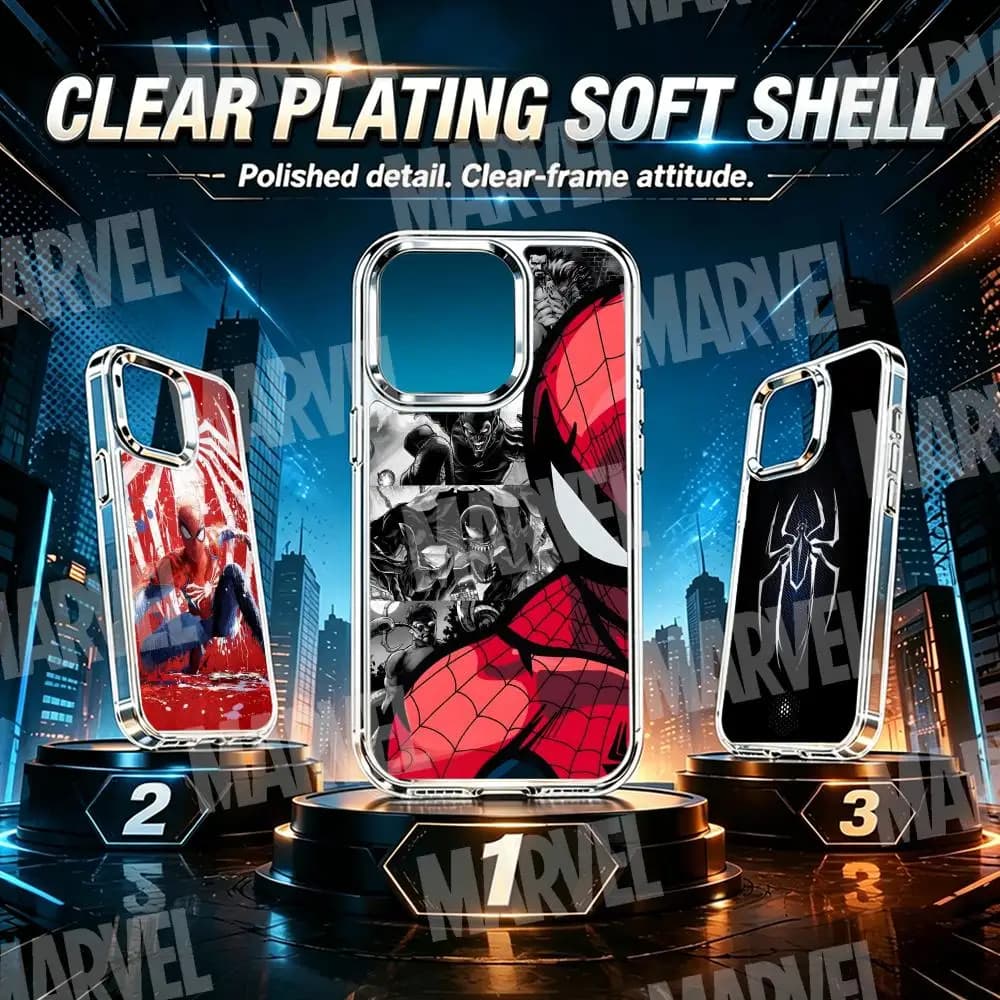 Custodia per telefono Marvel Spider-Man MARVEL per iPhone 17 Air 16 15 14 13 12 11 Pro Max Plus con pulsante cromato e anello per fotocamera trasparente