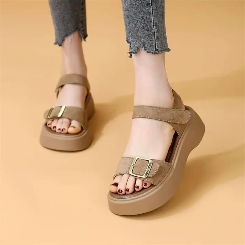 2026 Summer New Women Wedges One word Sandals Thick sole Non Slip Lightweight Velcro Height Increasing Outdoor Beach Sandals