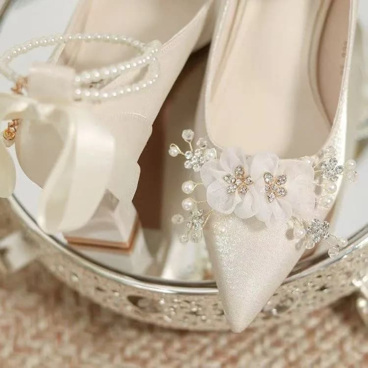 Scarpe da Sposa in Stile Francese, Calzature Nuziali, Scarpe per Abito da Sposa, Tacchi Alti con Tacco Grosso, Bianche, Comode e Non Affaticanti