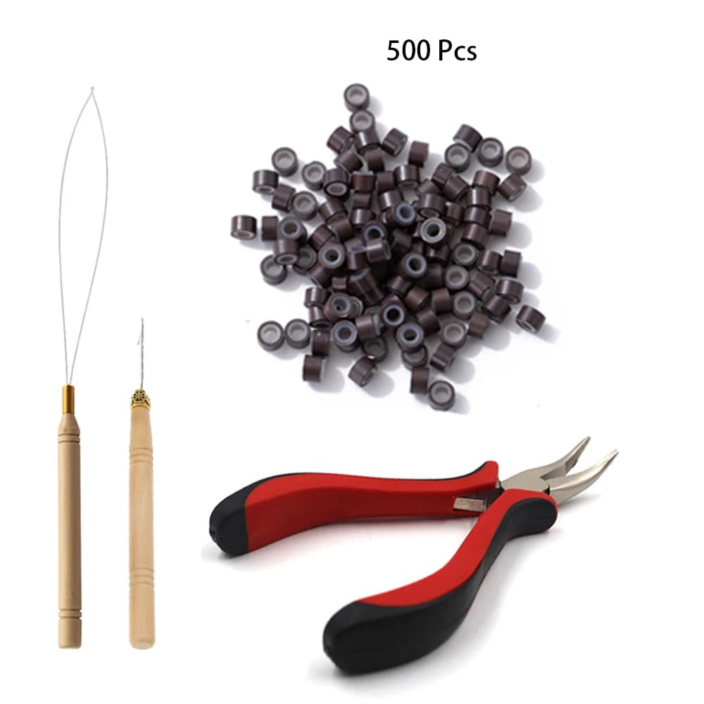 Kit di strumenti per perline per estensioni dei capelli Micro ago da trazione, infila ad anello e micro anelli rivestiti in silicone da 500 pezzi