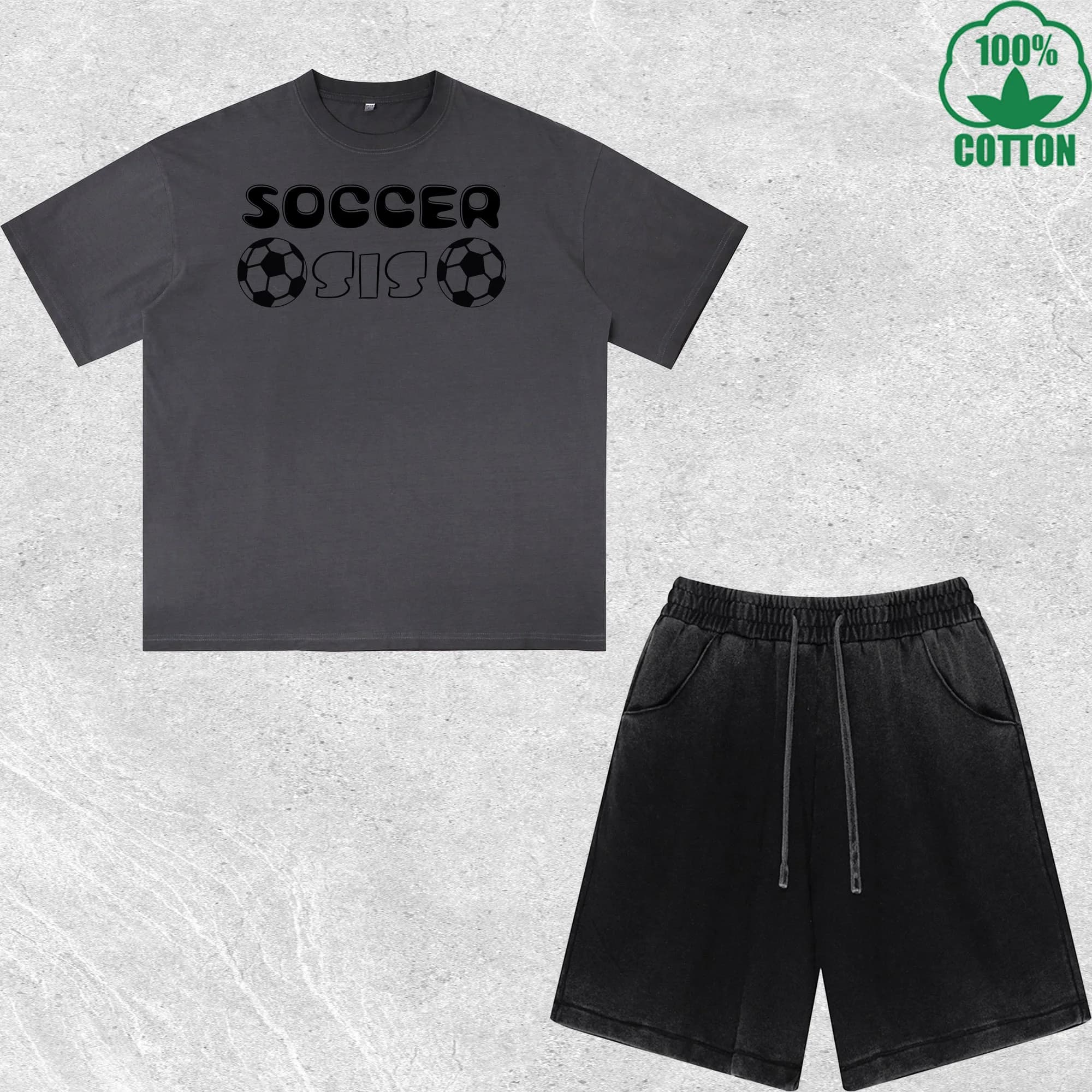 Set T-Shirt e Pantaloncini con Stampa Soccer Sis, Effetto Lavato, Stile Trendy e Comodo, 100% Cotone, Confezione Conveniente