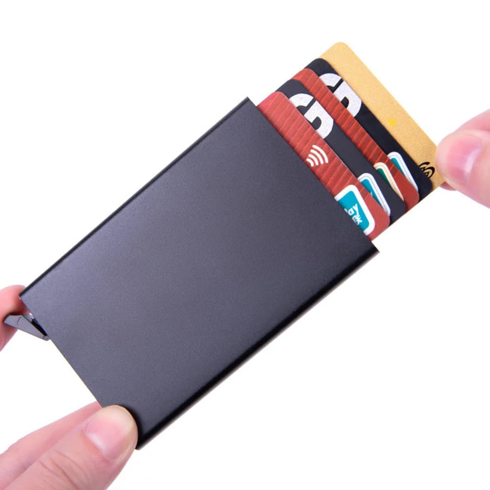 Nuovo Portacarte Sottile RFID per Carte di Credito e Bancarie, Portafoglio Automatico Pop-up in Metallo, Portafogli Minimalisti per Uomo e Donna