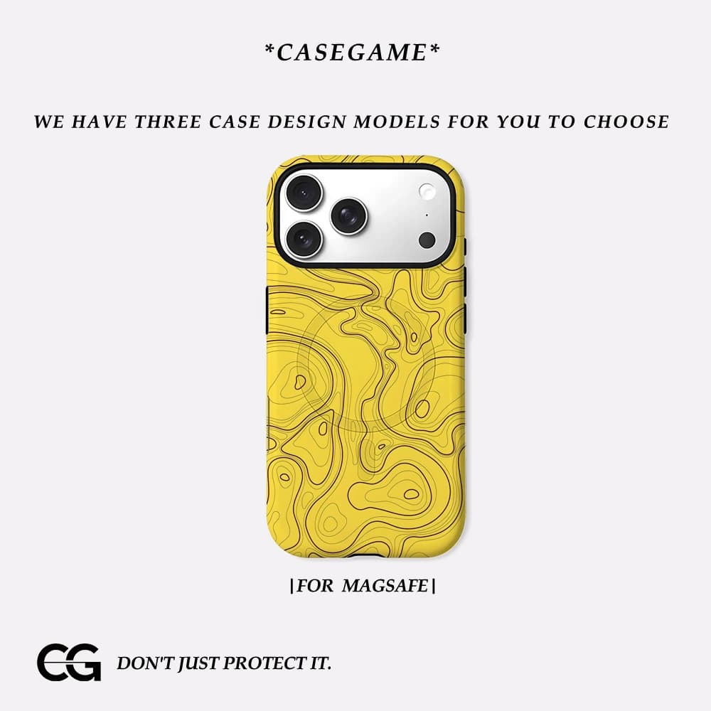 Casegame Cover Opaca Antiurto per iPhone 17 16 15 14 Plus 13 Pro Max con Bumper per MagSafe, in PC Rigido, Gialla con Mappa Topografica
