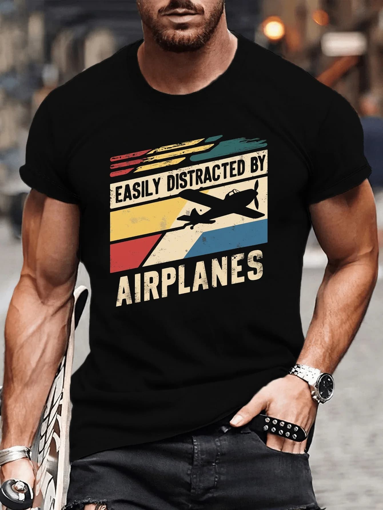 T-shirt da uomo facilmente distratto dalle aerei - T-shirt casual a maniche corte in cotone traspirante, moda estiva