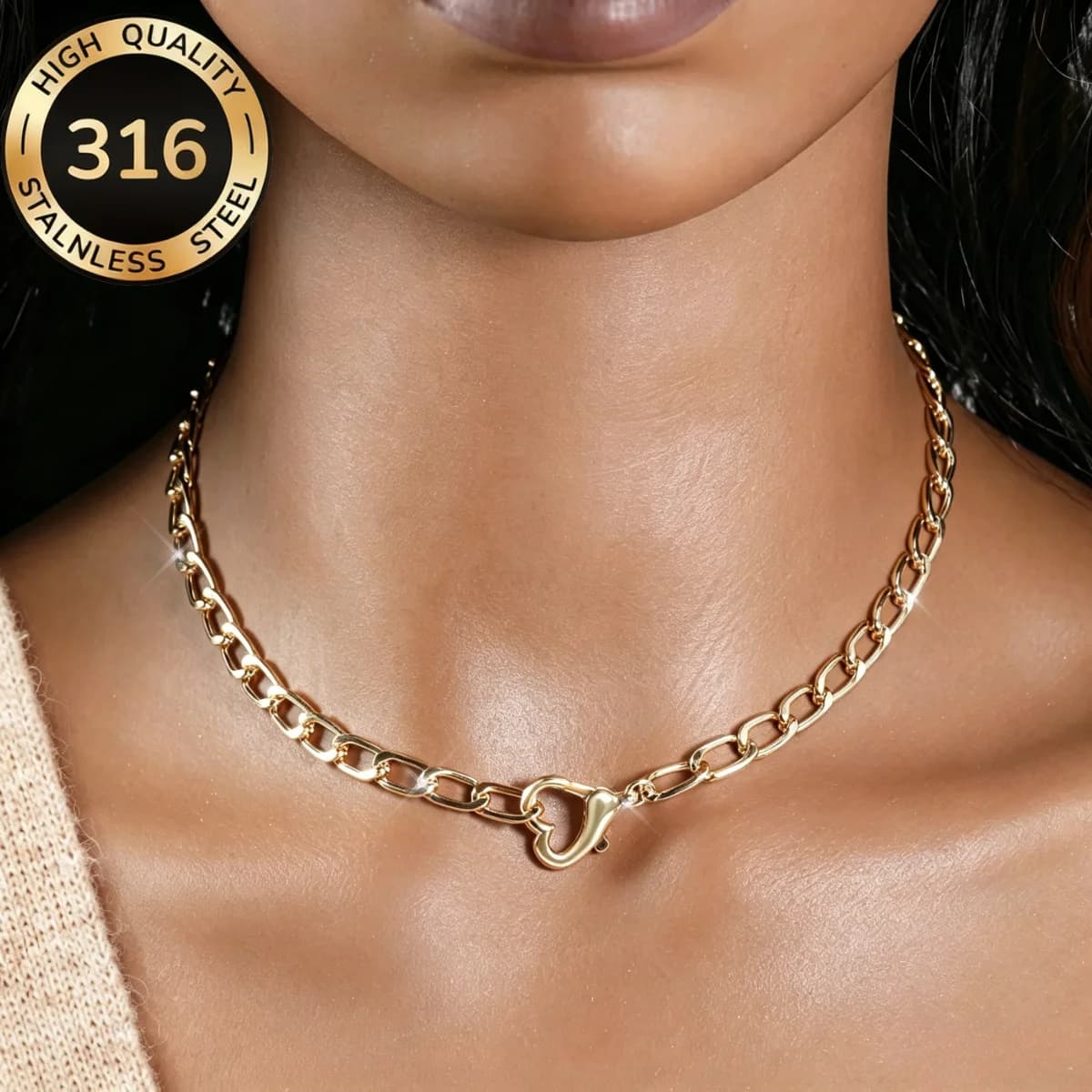 Nuova Collana alla Moda con Lucchetto a Cuore Semplice per Coppie, Ciondolo Amore in Acciaio Inossidabile da Donna, Catena a Maglie con Chiusura a Moschettone, Gioielli