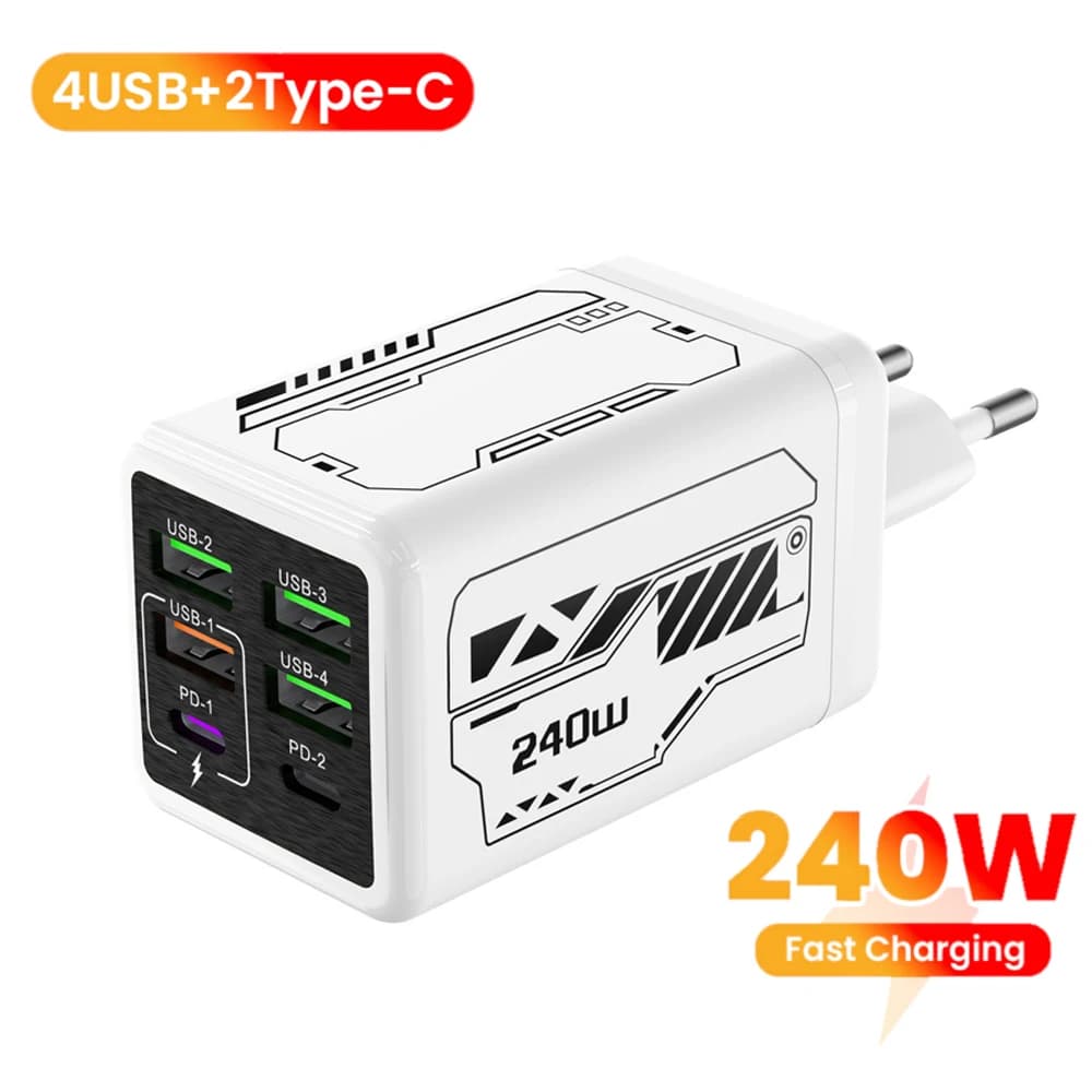 Caricatore USB C 240W 6 in 1 con ricarica rapida PD, adattatore di alimentazione per telefono per iPhone, Samsung, Xiaomi, con spina EU/US/UK, caricatore da parete a ricarica rapida.