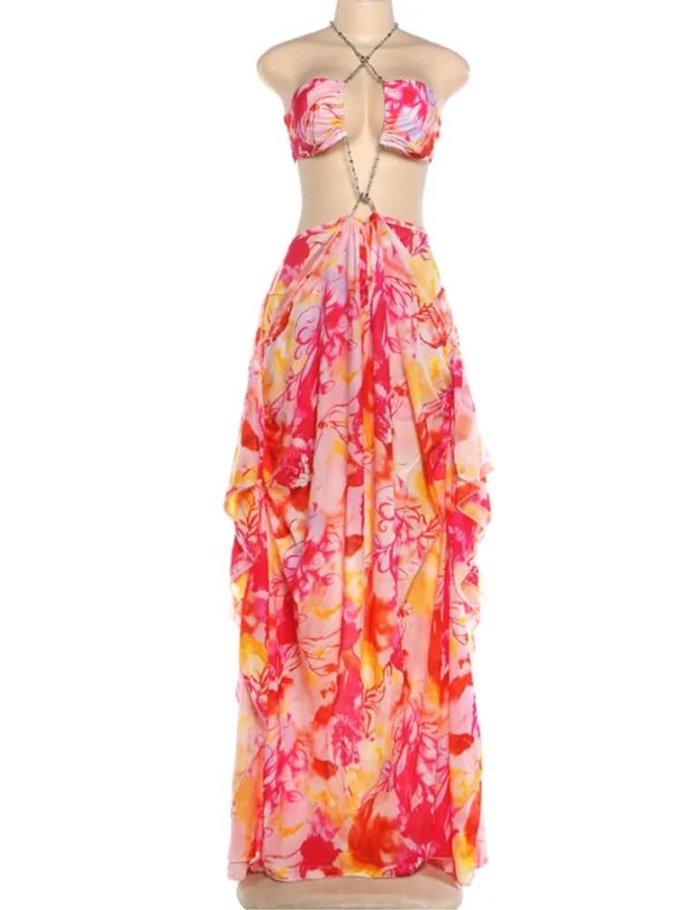 Summer Cover Ups Women Swimsuit Sleeveless Robes Bathing Suit 2026 New Flower Printing Beach Holiday Maxi Dresses Cover-Up