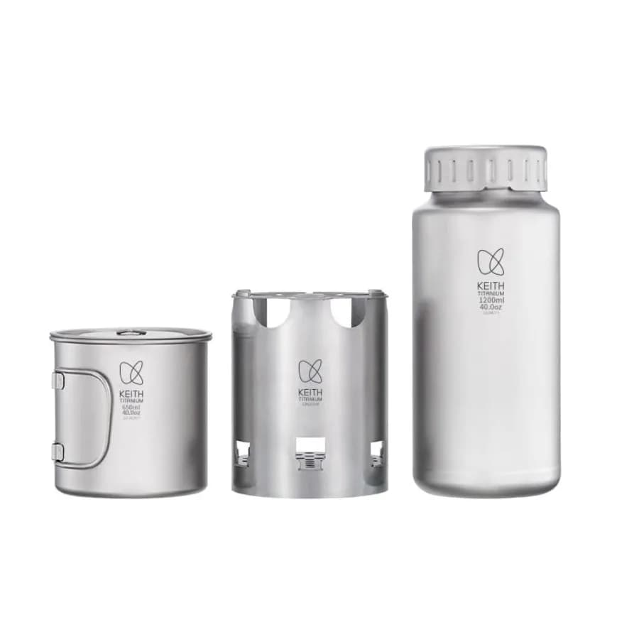 Titanium ultralight camping set with bottle, cup and wood stove, with canvas bag - Durable and ecological camping equipment in silver for excursions